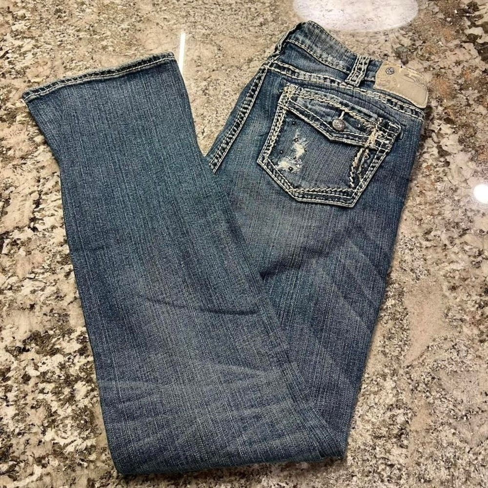 Vintage 2000s Silver Jeans Co Tuesday Baby Boot Blue Distressed Denim 31x33
